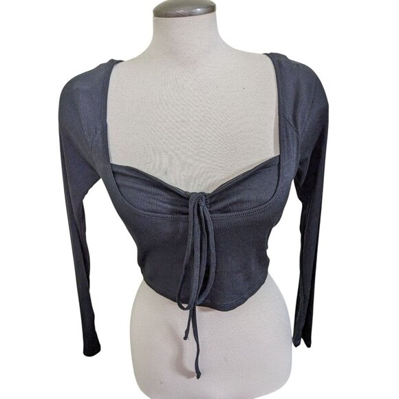 Active USA Womens L Long Sleeve Crop Top Lot of 2 Ruched Tie Front Double Layer - Picture 2 of 8